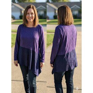 Alfani Womens XL Purple Metallic Shimmer Asymmetrical Hem Tunic Long Sleeve Top